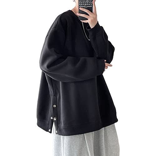 ブラック 3ボタン_2XL [YIMANIE] メンズ トレーナー 長袖 パーカー 服 メンズ スウェット プルオーバー メンズ ボタンスリット カジュアル 春 秋 BIG ロンtシャツ 大きいサイズ 無地 ビッグシルエット オーバーサイズ 白 黒 ドロップシ