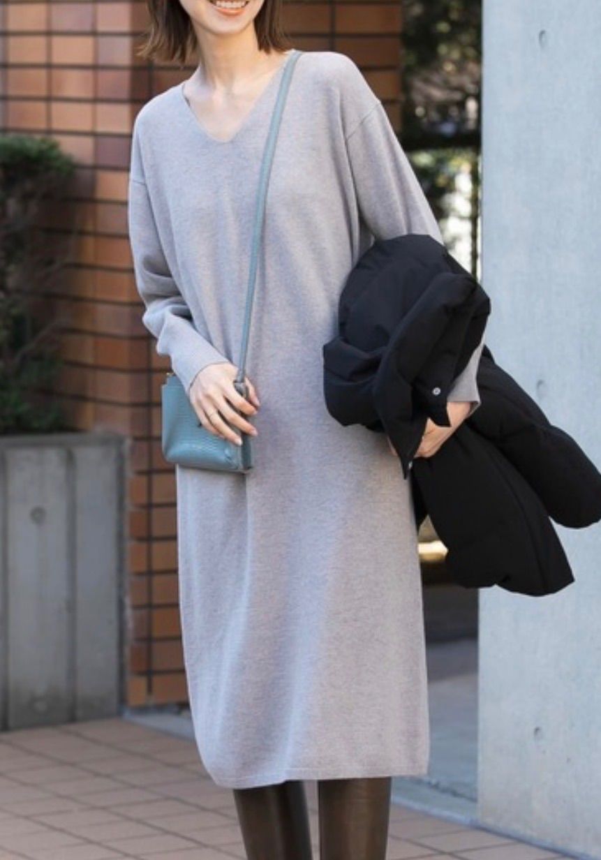 美品 M'sGRACY ニット袖フレアワンピース バイカラー 36 グレー M'S