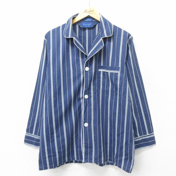L/古着 タウンクラフト 長袖 パジャマ シャツ メンズ 90s 開襟 オープンカラー 紺 ネイビー ストライプ spe 24aug23 中古 トップス