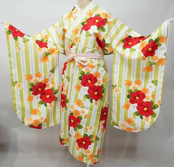 二尺袖着物 単品 仕立て上がり bonheur saisons ボヌールセゾン 着物丈はショート丈 黄緑×アイボリー NO42124-03