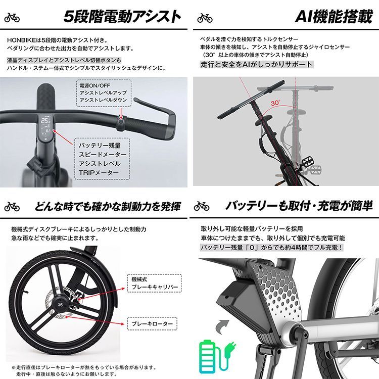 電動自転車 電動アシスト自転車 折りたたみ HONBIKE STONE PLUS チェーンレス AI機能 LEDライト 5段階電動アシスト 20インチ  ストーンプラス アルミ 公道可能 od644 - メルカリ