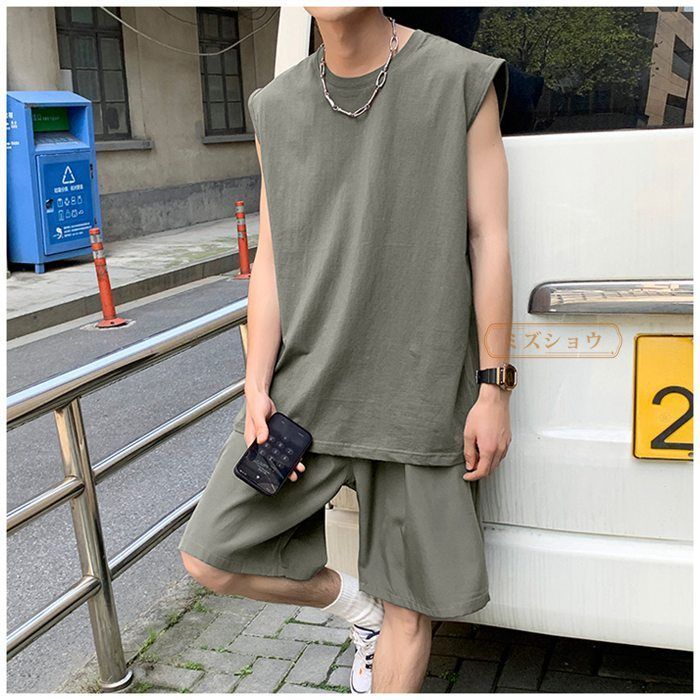 セットアップ メンズ ノースリーブ ジャージ Tシャツ セットアップ 袖なし メンズ tシャツ スウェット 上下 ジャージ スポーツ カジュアル ハーフショーツ ショート丈 無地 夏服 薄手 ルームウェア 部屋着 0Whk913