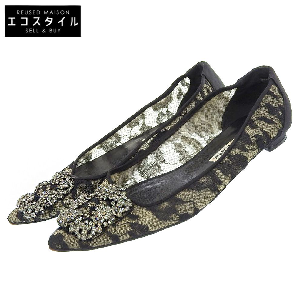 MANOLO BLAHNIK マノロブラニク レース ビジュー フラットパンプス レディース ブラック 37 1|2 37.5