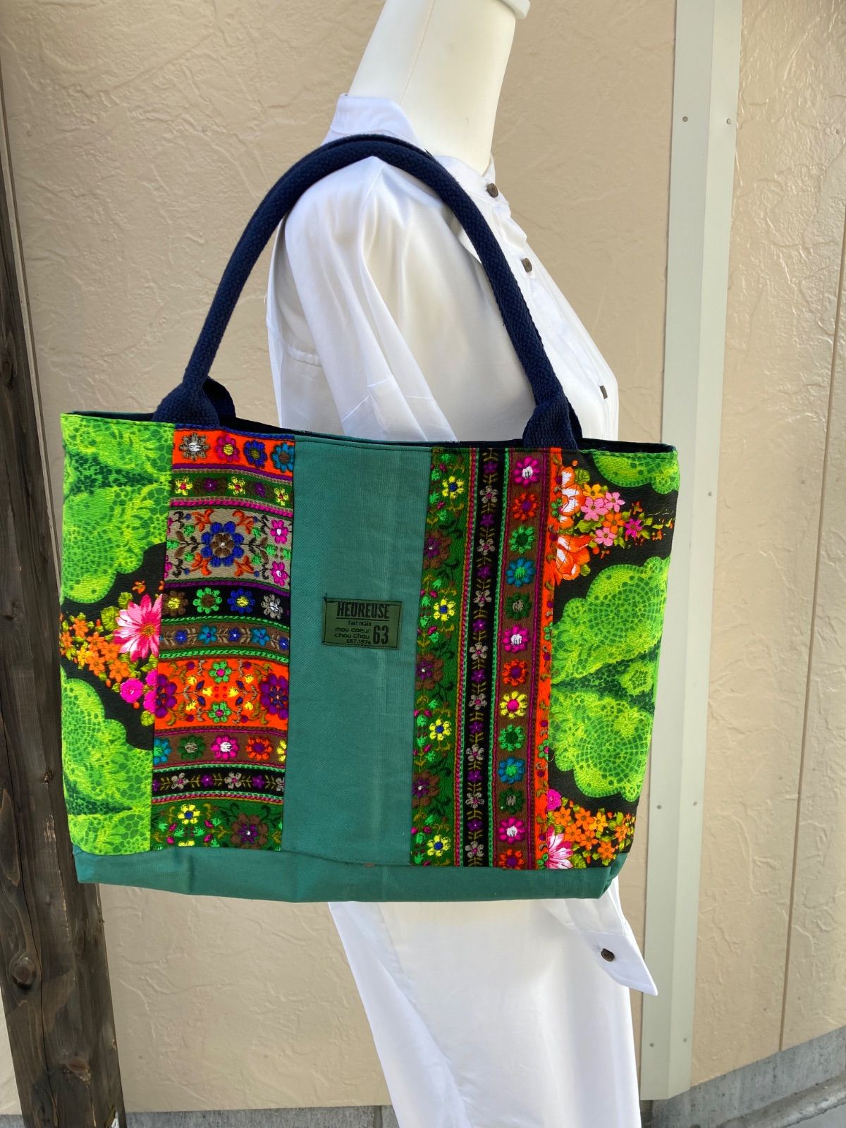 ハンドメイドバック グリーン 大漁旗/大きなトートバッグ/マチ