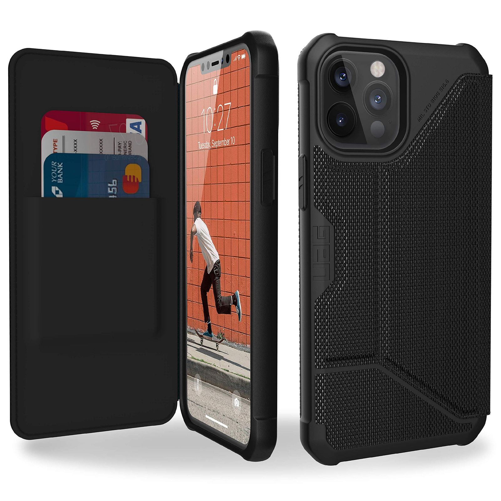 URBAN ARMOR GEAR UAG デザイン iPhone 12 Pro Max ケース用 6.7-インチ スクリーン フリップ フォリオ カバーカードスロットとビューイングスタンド付き フェザー-ライト 頑丈なメト SATN ARMR ブラック