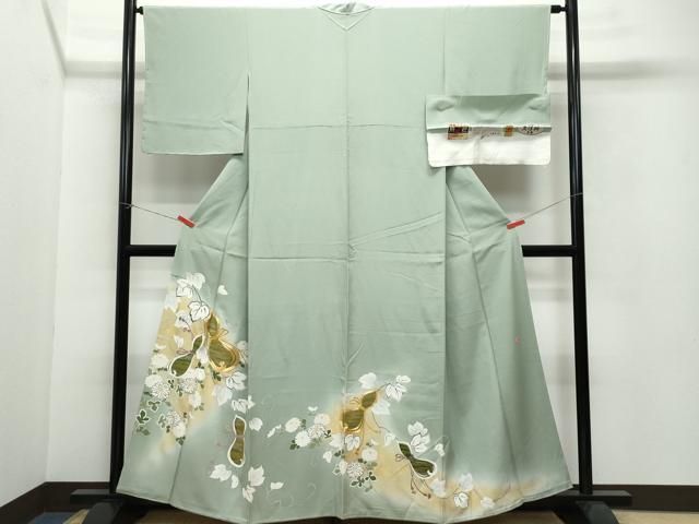 平和屋着物●染匠　久保耕　色留訪問着　刺繍　瓢箪花唐草文　暈し染め　金彩　正絹　逸品　CAAW3689vf 平和屋着物○染匠 久保耕 色留訪問着 刺繍 瓢箪花唐草文 暈し染め 金彩