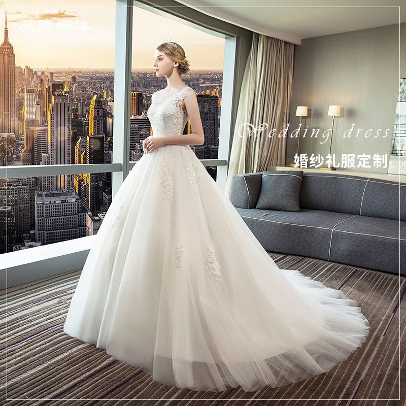 ウェディングドレス 花嫁用 シースルー ダブルショルダー レース 韓国風 大トレーン スリム 森系-10.14