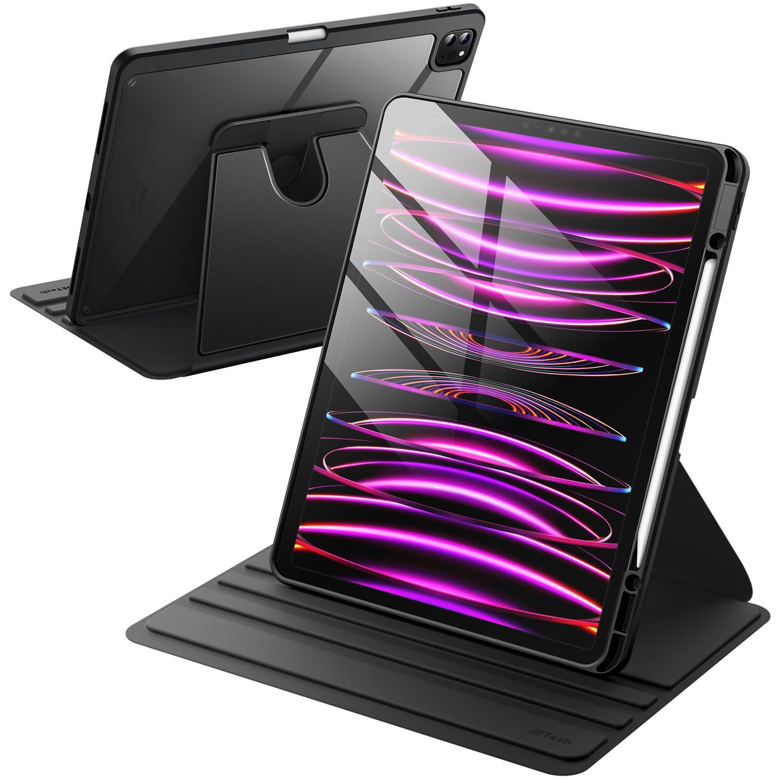 ブラック JEDirect 回転ケース iPad Pro 12.9インチ用 (2022/2021/2020/2018) Pencilホルダー付き 360回転保護 スタンドカバー クリアバック 自動ウェイク/スリープ (ブラック)