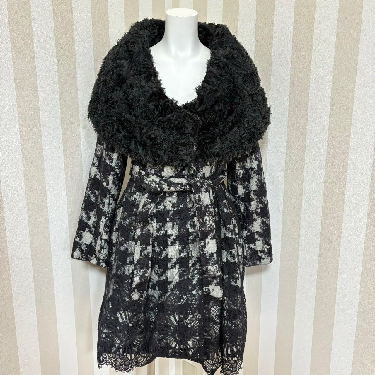 ☆良品 MUYA COLLECTION ムヤ シルク/ウール 千鳥柄 ファーコート 