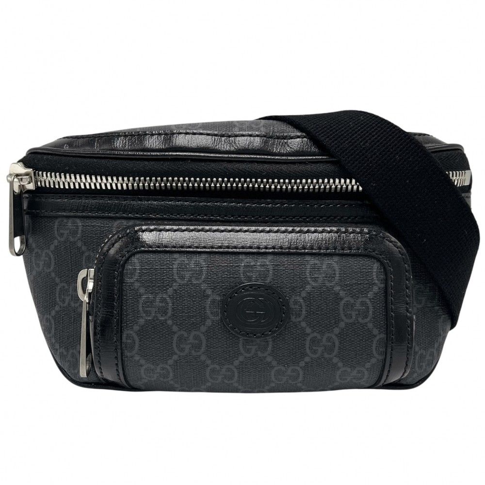 グッチ ボディバッグ メンズ インターロッキングG ベルトバッグ ウエストポーチ 斜め掛け GUCCI 682933 GGスプリームキャンバス ブラック 黒 シルバー金具 品