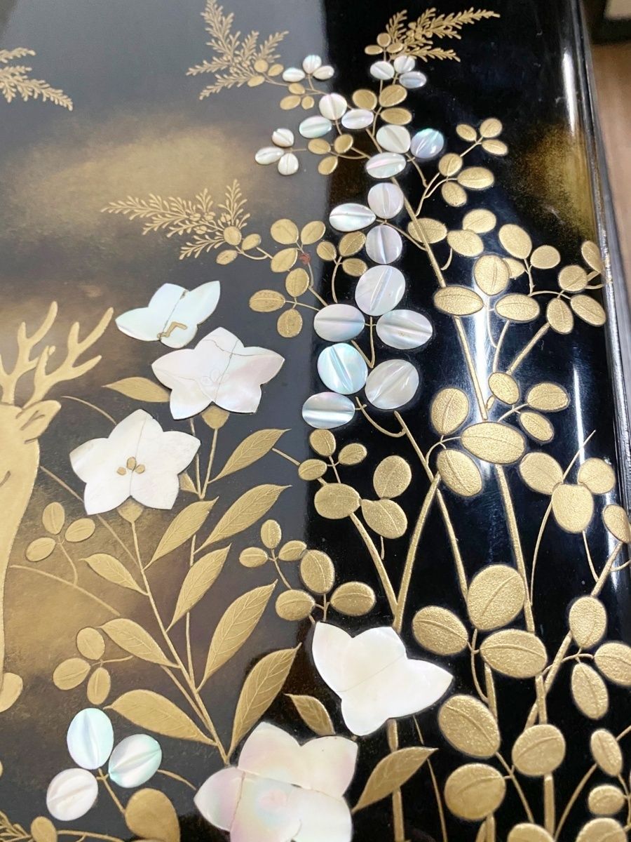 豆緑】古美術時代物/尾形光琳秋草萩鹿薪蒔絵/漆芸螺鈿細工/