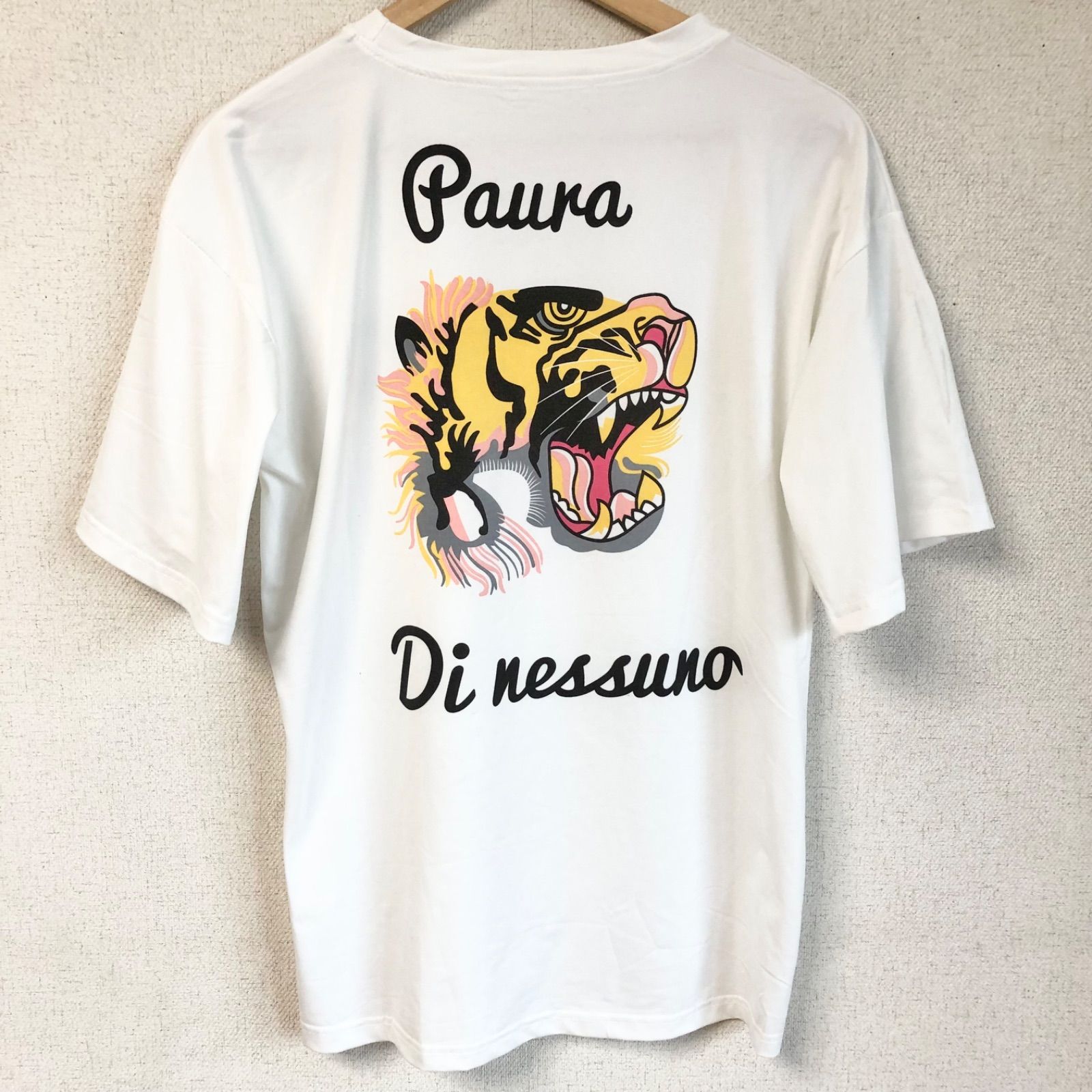 (^w^)b Paura Di nessuno Tシャツ 白 ホワイト カットソー プリント トップス カジュアル tiger 虎 トラ カットソー  春 夏 秋 韓国 和柄 大胆 トレンド ポリエステル メンズ スカジャン ガントラ ビッグフェイス