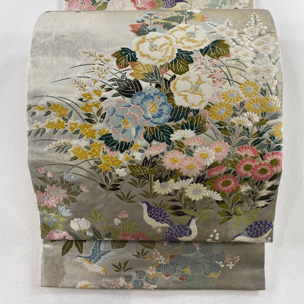 袋帯 美品 秀品 草花 うずら 箔 銀色 六通 正絹 【中古】 - メルカリ