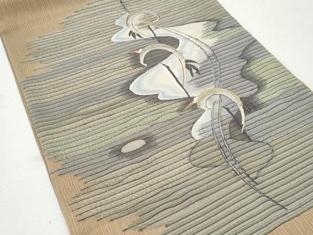 a666 正絹 明綴れ　刺繍　鶴　お太鼓柄袋帯 金糸 着物 平和屋着物＊夏物 明綴れ 太鼓柄袋帯 群鶴 金銀糸 正絹 逸品
