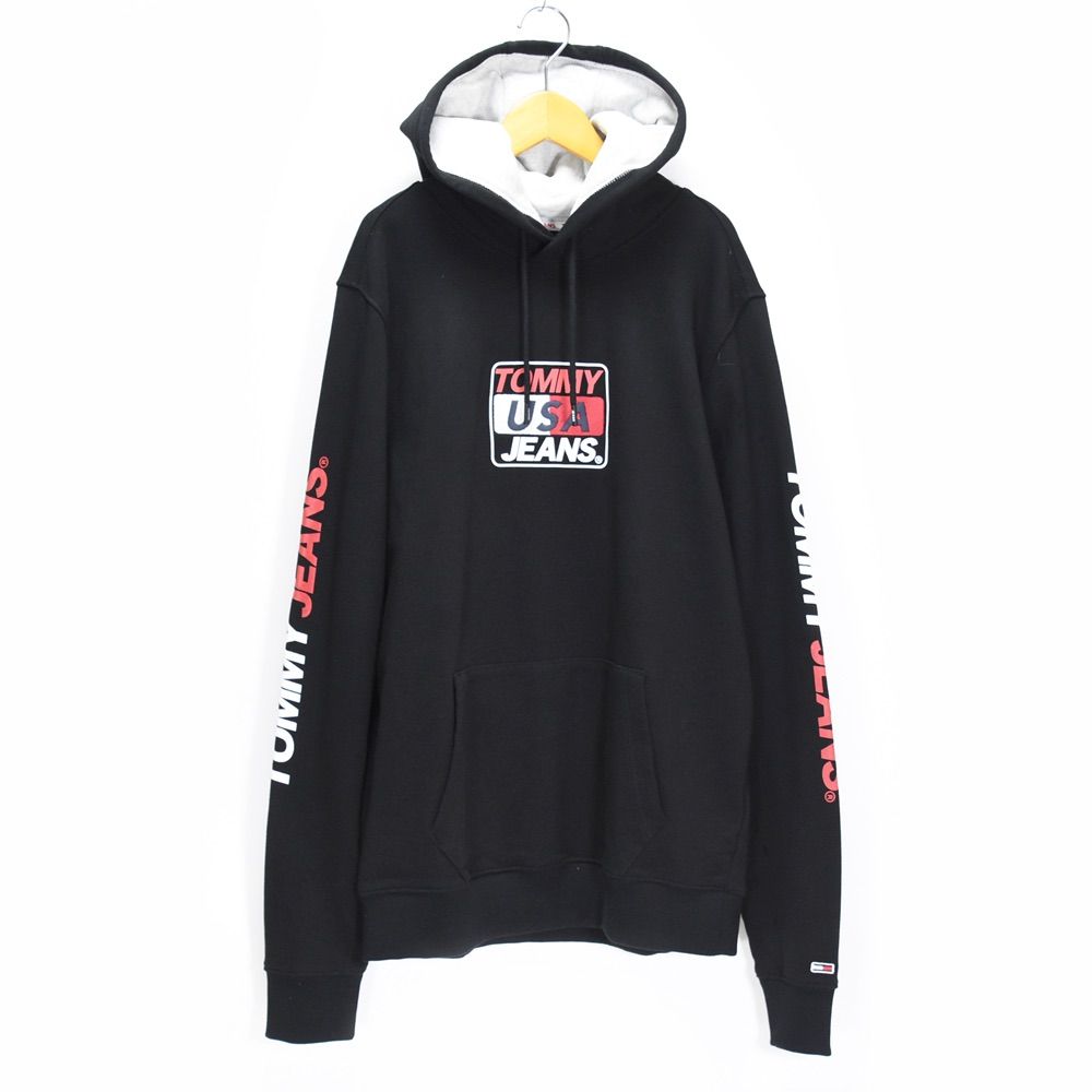 新品 TOMMY JEANS トミージーンズ パーカー フーディー プルオーバー ボックスロゴ ブラック 黒 メンズ L トミーヒルフィガー DM08733