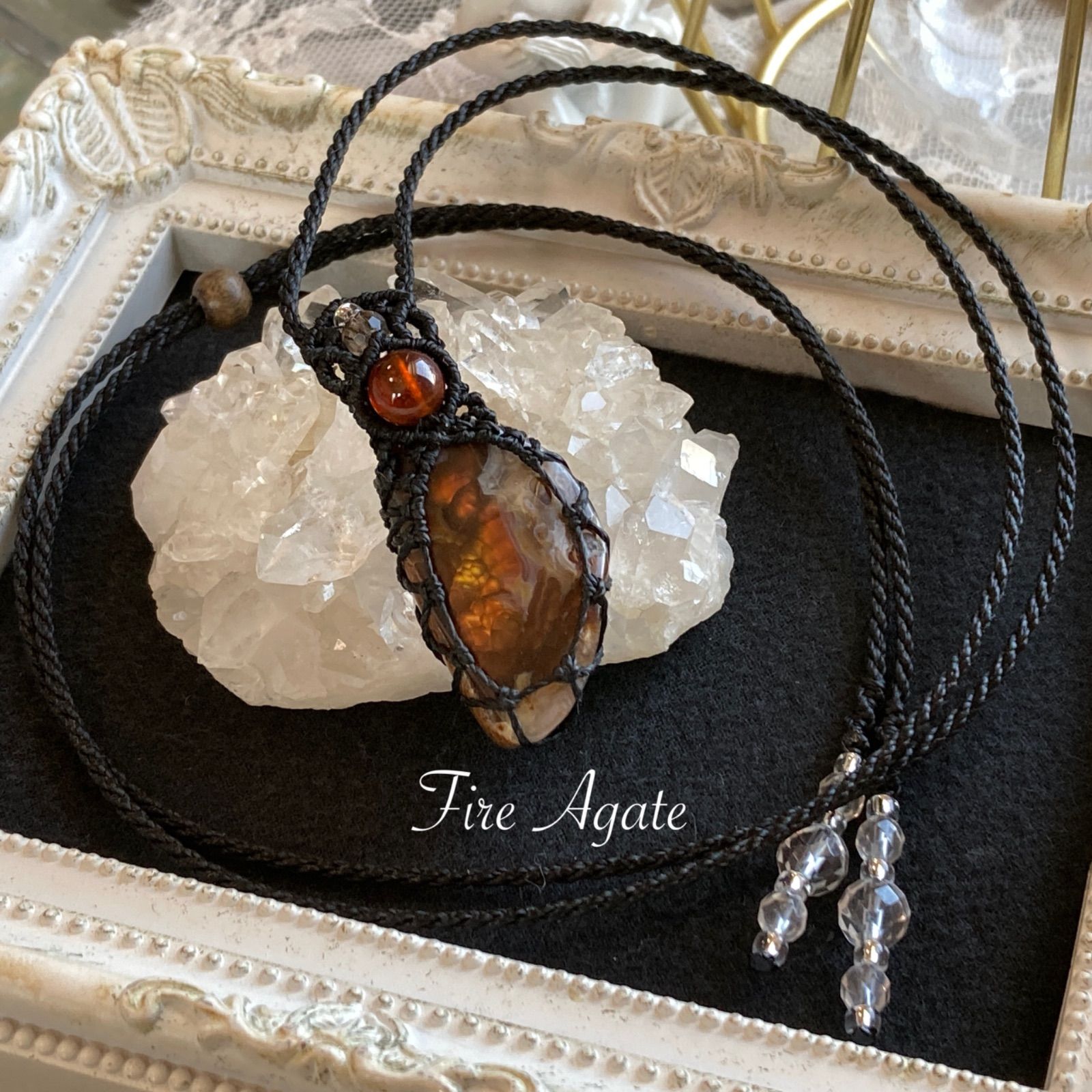 石 ︎ファイヤーアゲート ミニサイズ マクラメ編みネックレス 金属アレルギー対応 ネックレス