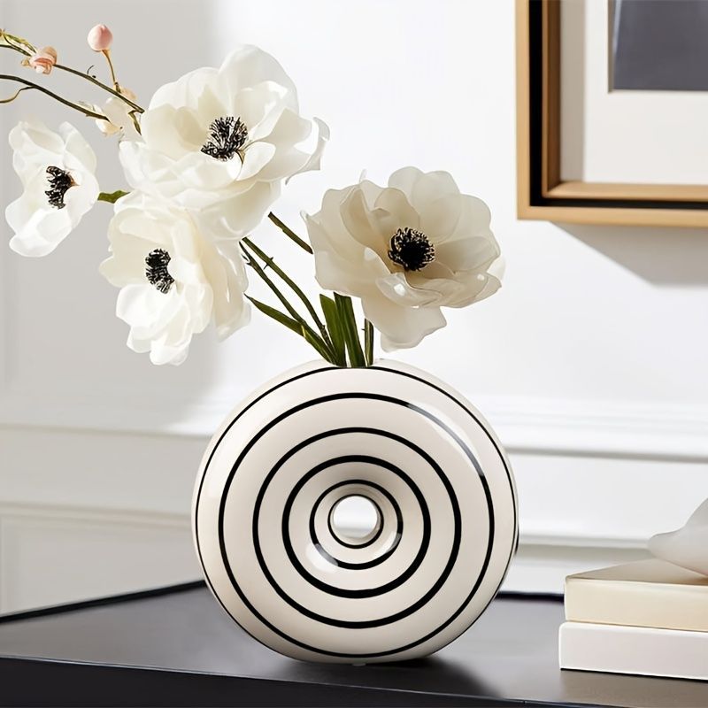 落ち着いた 花瓶 花びん セラミック おしゃれ 一輪挿し モダン シンプル ドーナッツ型 ストライプ インテリア雑貨 花器 生け花 装飾 玄関 リビング ダイニング オシャレ 絶対にあなたの一番選択！