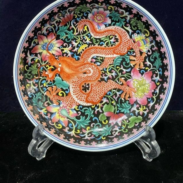 景徳鎮 黄地花鳥盤 黒竜万花盤 紅竜万花盤 陶磁器 現代工芸品 美術品 置物 景徳鎮 黄地花鳥盤 黒竜万花盤 紅竜万花