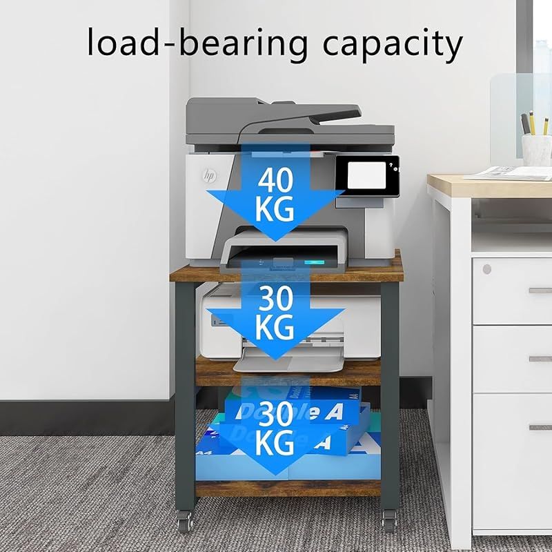 【驚きの価格が実現！】 PUNCIA 3段 プリンター台 幅50cm 奥行50cm 高さ57cm ワゴン キャスター付き プリンターラック 収納棚 大型 プリンター 置き 台 省スペース 棚 机下収納 木製ラック 取り付け簡単 100kg高耐荷重 オフィス|ホーム用 0