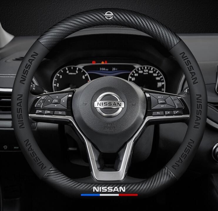 日産専用 ハンドルカバー ステアリングカバー D型 本革 カーボン調