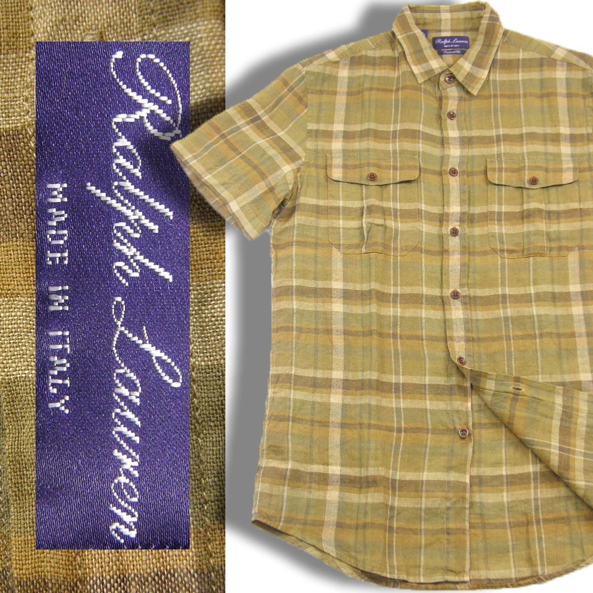 【新品】 Ralph Lauren Purple Label / ラルフローレン パープルレーベル半袖シャツ イタリア製 麻100% 最高級ライン シャツ リネンシャツ ラルフ ローレン グリーンカーキ ベージュ 薄茶 チェック 春夏