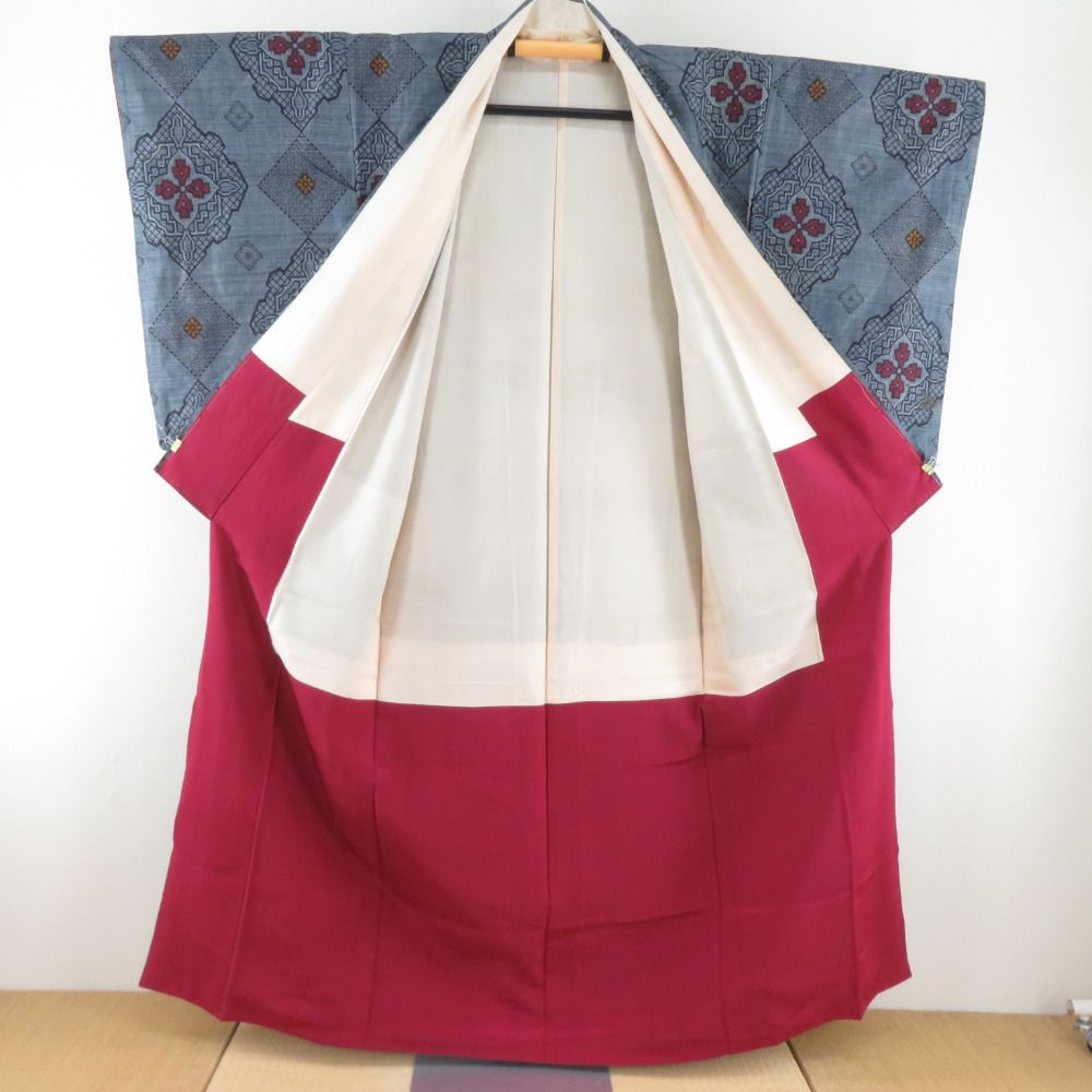 紬 着物 アンティーク 紬 華文 紺藍色 袷 広衿 正絹 昭和レトロ 昔着物  