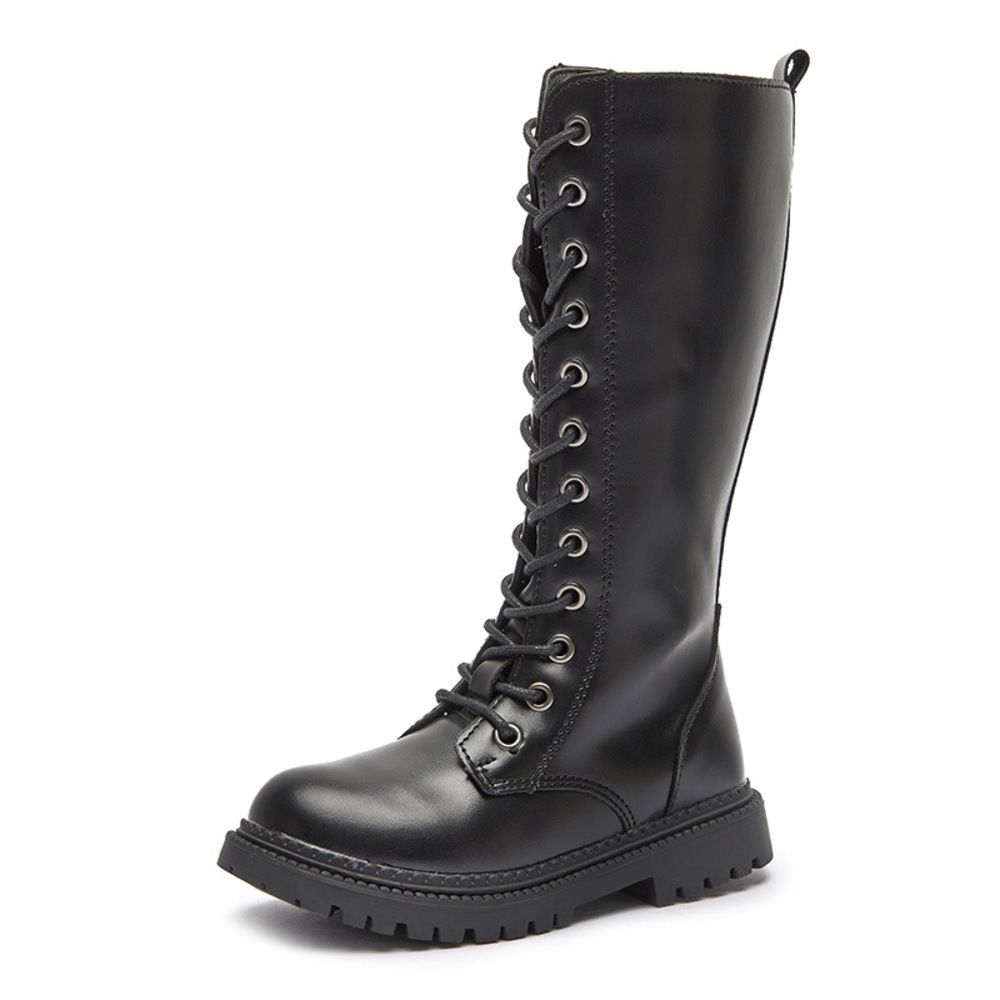 ブラック  29(17.8cm)  キッズブーツ pkboots518 キッズ ブーツ ダンスシューズ ダンスブーツ ハーフブーツ 編み上げ シューズ くつ 靴 子ども 子供 ローヒール ラウンドトゥ ファスナー付き ロング