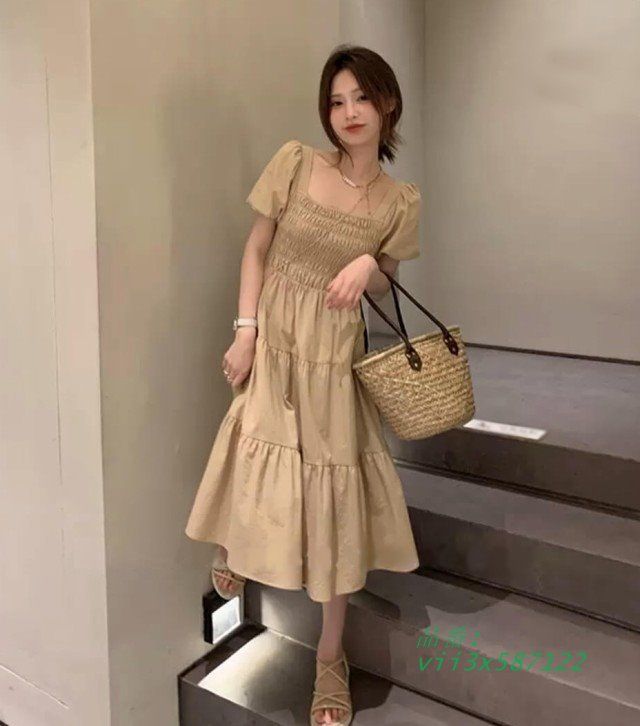 ティアードワンピース 半袖 ワンピース レディース 春夏 切り替えワンピース きれいめ 白 スクエアネック ハイウエスト 膝下丈 夏 カジュアル フAライン 春 vii3x587122