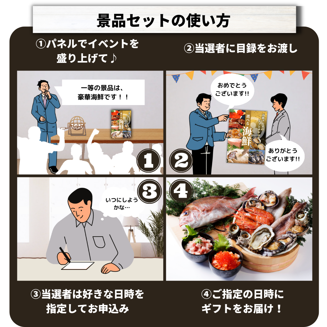 【A4/A3パネル付きイベント景品】海鮮15000円分交換チケット[菫(sumire)コース] 忘年会や二次会、ビンゴ大会、ゴルフコンペの賞品に！5種から選べるグルメカタログギフト式