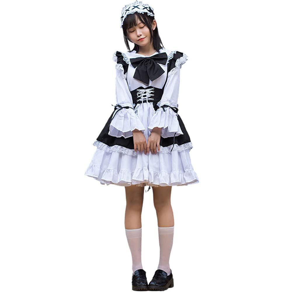 [YIUHK] メイド服 ロリータ コスプレ ハロウィン 仮装 レディース ワンピース エプロン イベント リボン 長袖 カチューシャ ニーハイソックス付き 5点セット