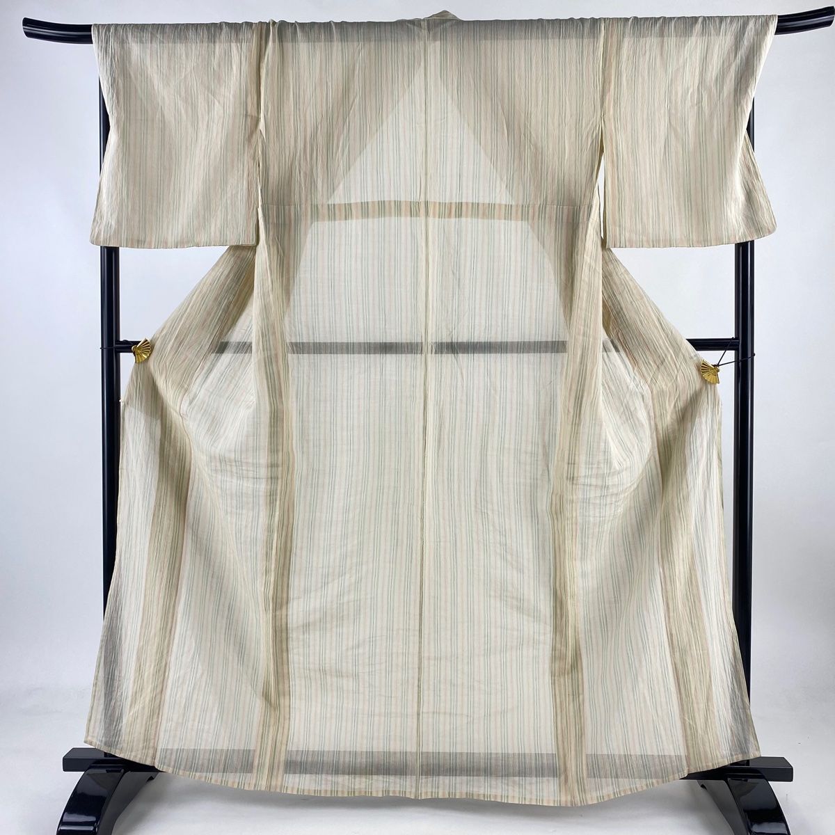 紬 身丈162.5cm 裄丈70cm L 薄物 夏紬 縦縞 ベージュ 正絹 名品
