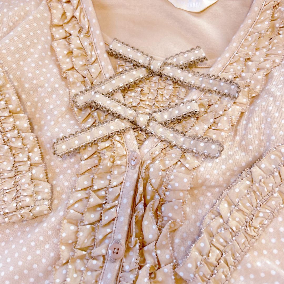 PINK HOUSE ピンクハウス ドット柄 ピコフリル リボン アンサンブル カットソー カーディガン ピンクベージュ