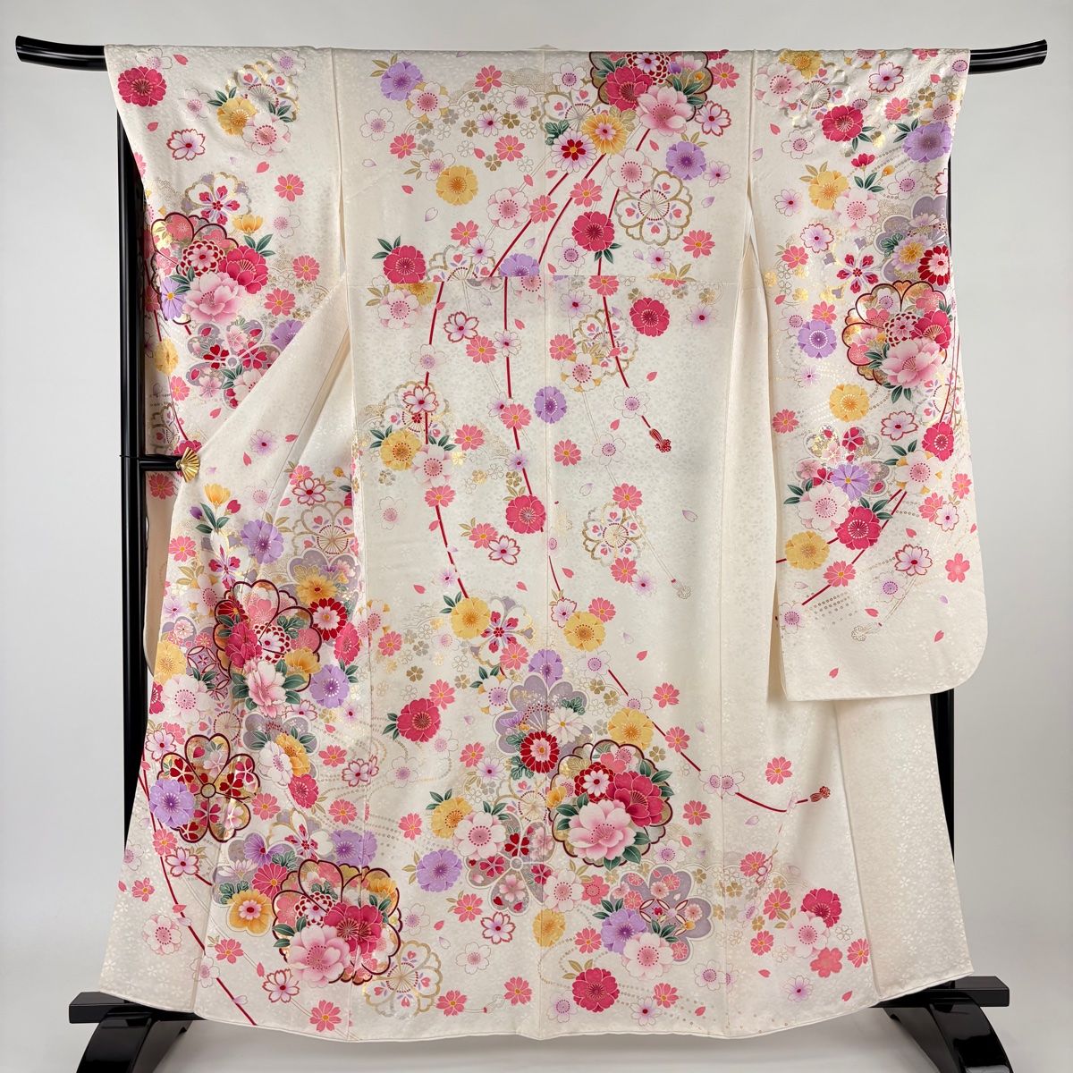 振袖 身丈160.5cm 裄丈69.5cm L 袷 やまと 牡丹 桜 金銀彩