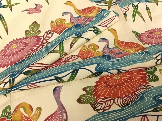 平和屋着物●紅型 小紋 流水花鳥文 鬼しぼ縮緬 正絹 AAAU0217np