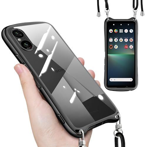 Sony Xperia 5 V_ブラック Sony Xperia 5 V ケース クリア ショルダー ストラップ付き SO-53D SOG12 カバー 透明 肩掛け 縄掛け 斜めかけ TPU メッキ加工 耐衝撃 全面保護 薄型 韓国 可愛い エクスペリア 5