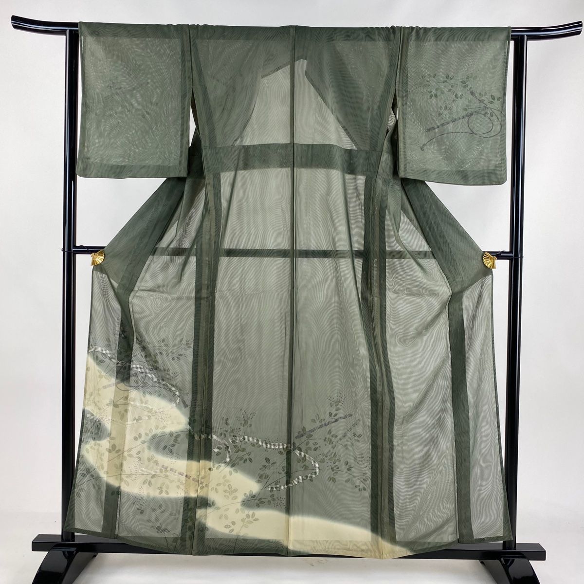 付下げ 身丈170.6cm 裄丈69cm L 袷 雲文 秋草 ぼかし 茶緑色 正絹 名品  