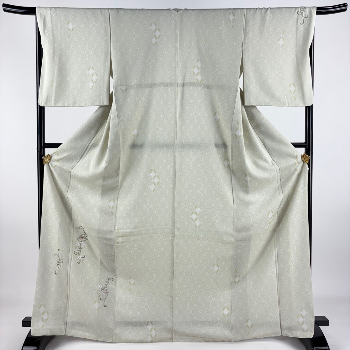 付下げ 身丈169cm 裄丈66.5cm M 袷 洗える着物 草花 七宝 金糸 刺繍 灰緑 化繊 秀品