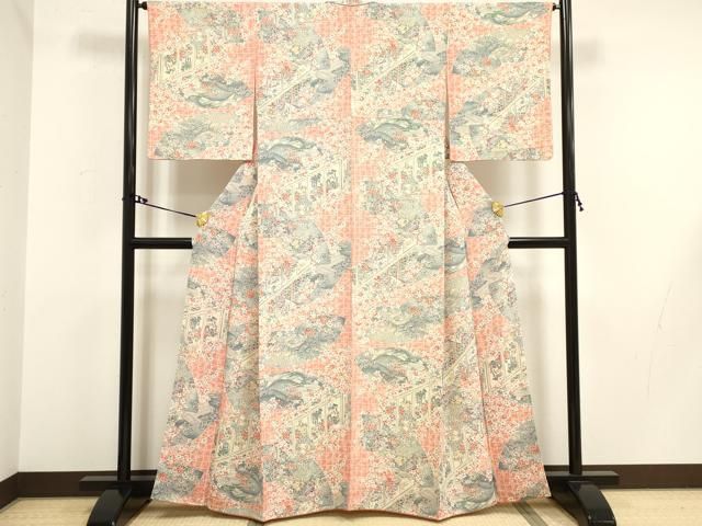 ❤️大人可愛い小紋袷　型染め花蝶風景文様　鬼シボ縮緬✨超美品トールサイズ　新品畳紙 友禅 小紋】 鬼縮緬 袷 小紋(正絹) 綺麗 )^o^( 鬼 ちりめん