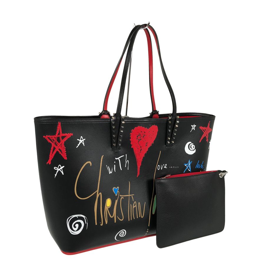 クリスチャンルブタン Christian Louboutin カバタトートバッグ ペイントデザイン ポーチ付 ブラック レザー トートバッグ  fto【中古】 - メルカリ