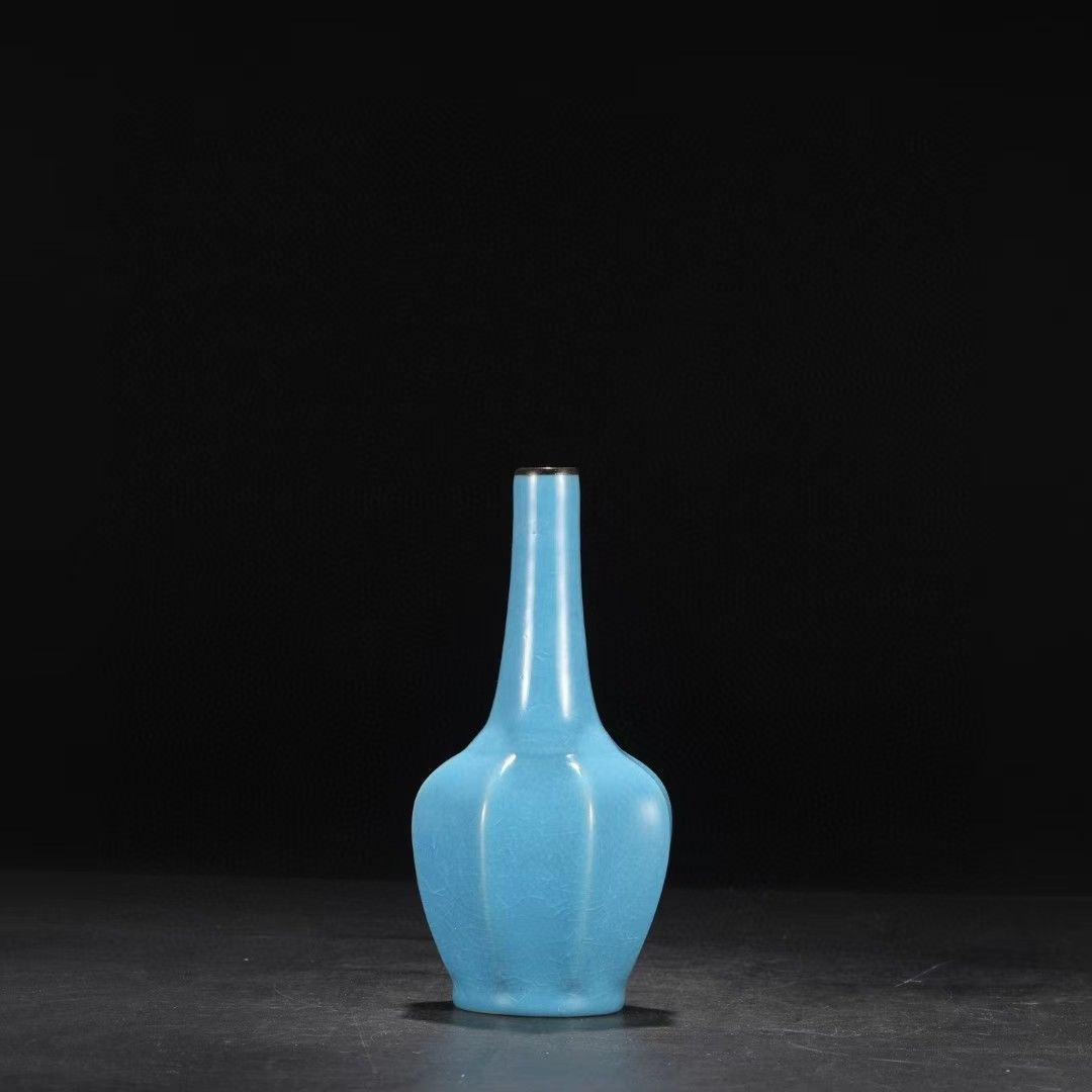 中国古美術.旧蔵.汝窯.天藍釉冰片紋.銀口八角淨瓶.景仁宮字款.花瓶.置物.賞物.古玩