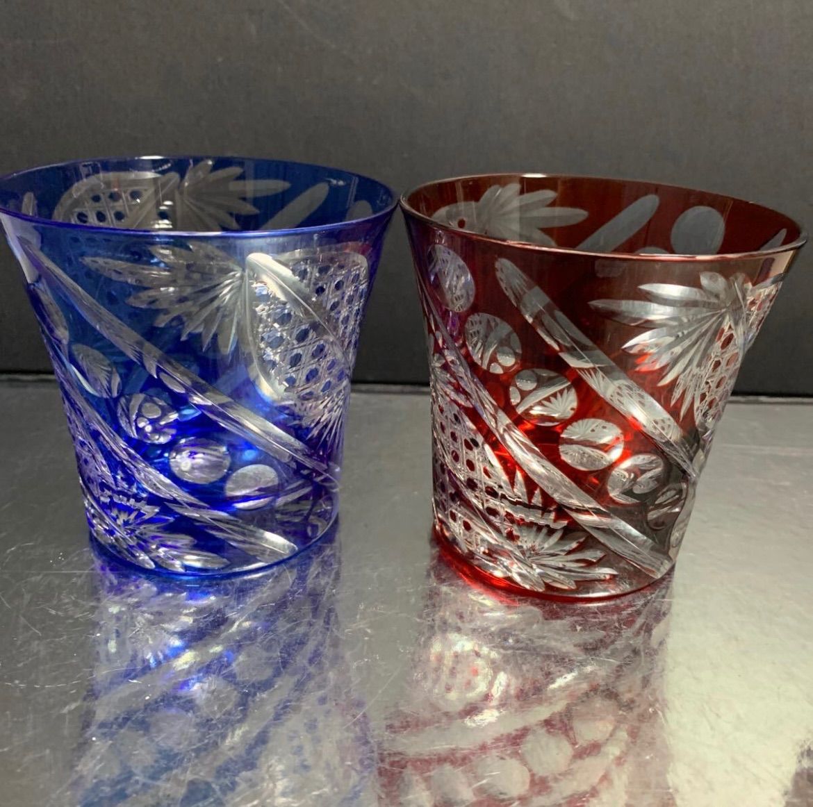 切子 グラス ロックグラス 食器 ペア タンブラー赤 青 八角籠目 かごめ