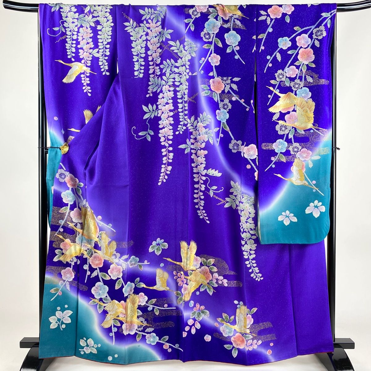 振袖 身丈164.5cm 裄丈69cm L 袷 鶴 梅 銀通し 金銀彩 紫 正絹 名品