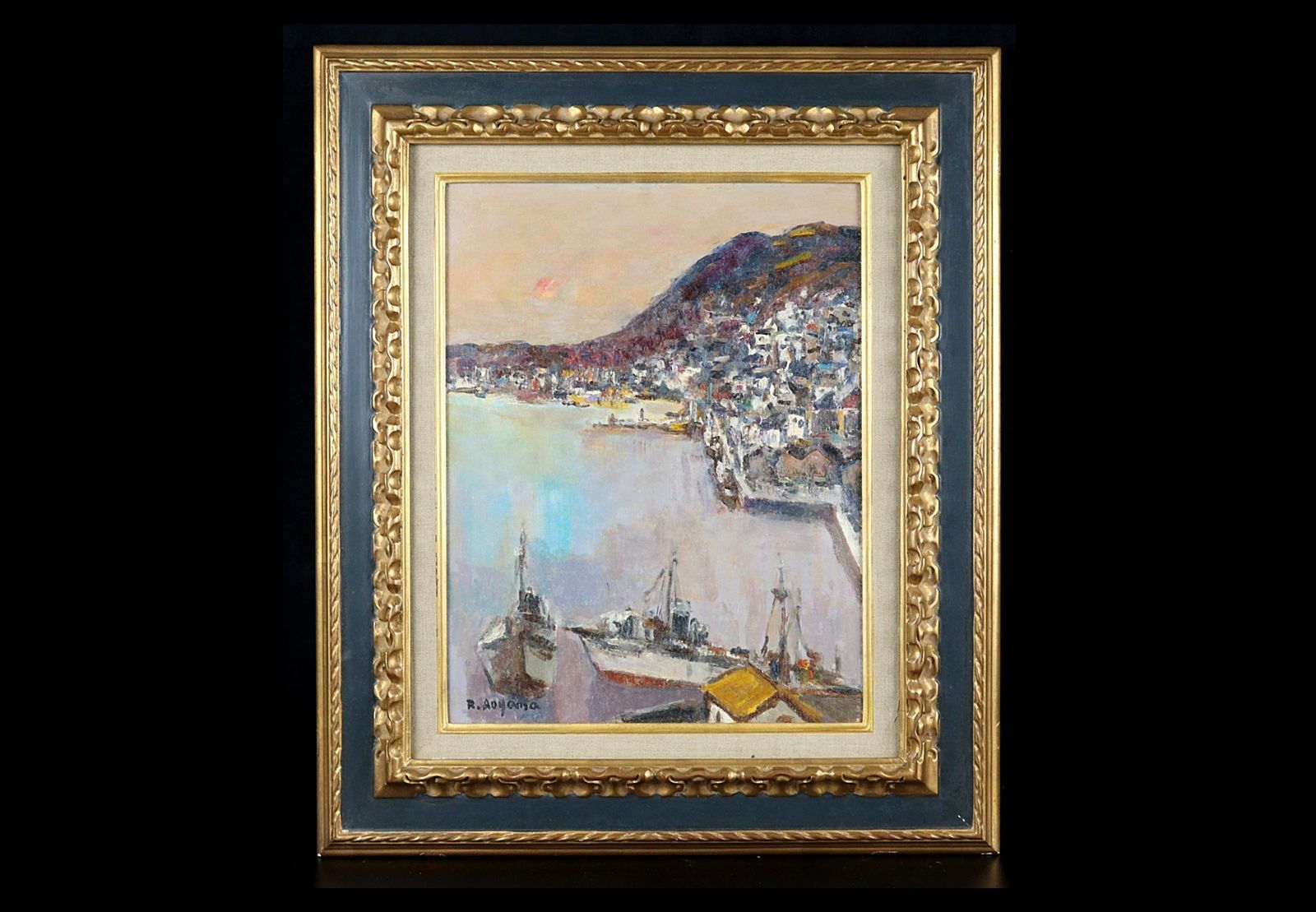 ▽ 青山龍水 「長崎」肉筆油彩6号 タトウ箱 唐物 骨董 小売業者 古美術