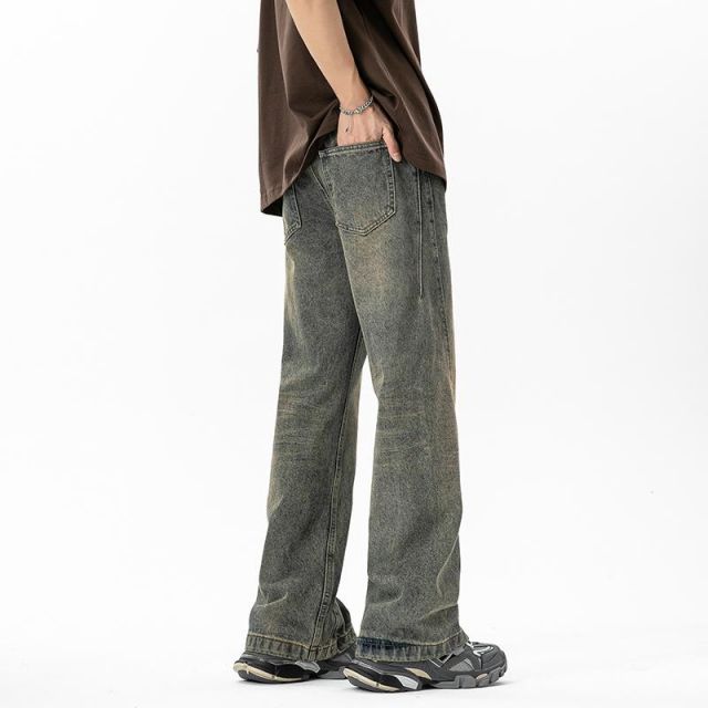 メンズ ファッション 服 男性用 オシャレ シンプル 大人 かっこいい ストリート アメリカン ストリート ストレート ブーツカット ジーンズ メンズ イエローマッド ロング パンツ 秋 スタイル