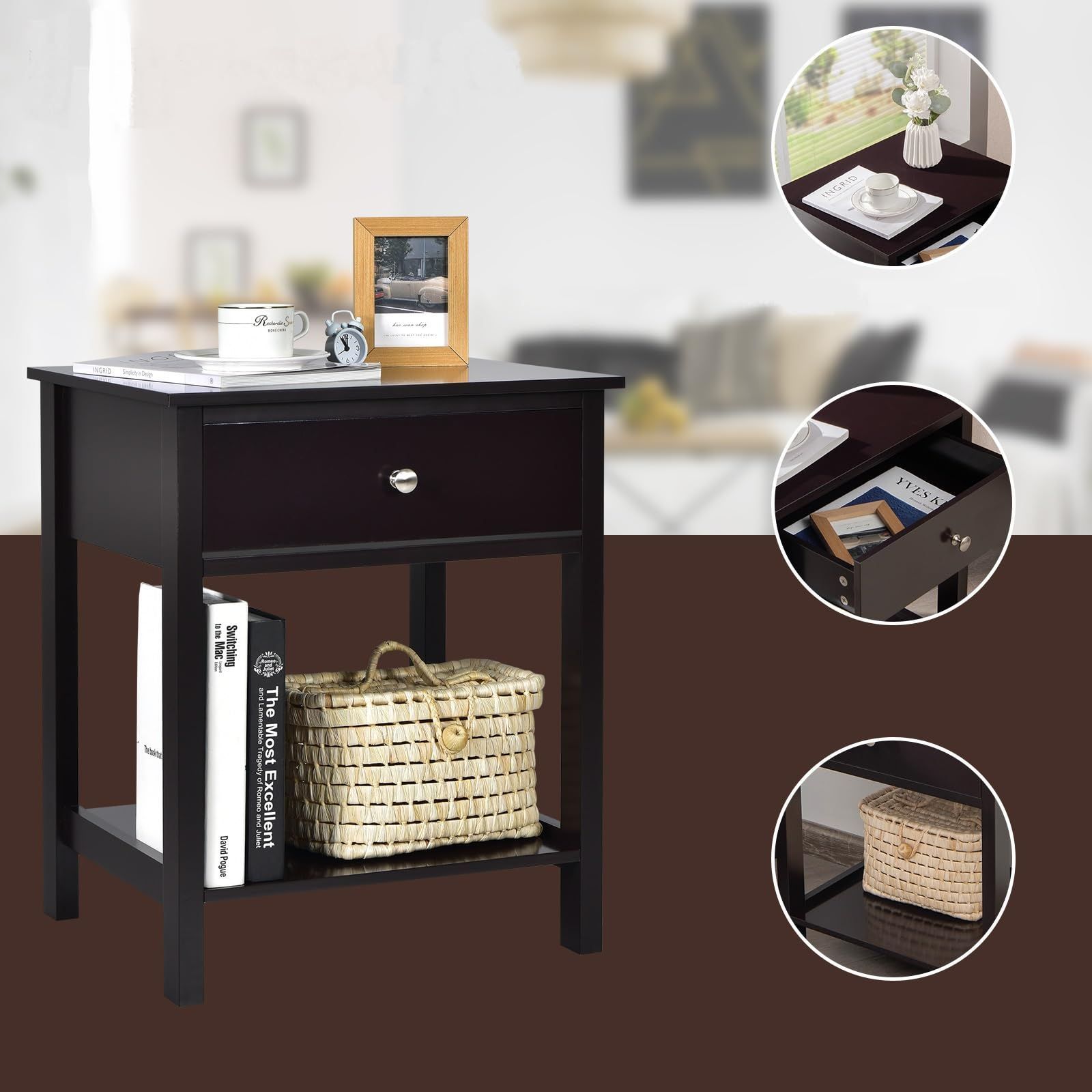 ベッドサイドテーブル サイドチェスト 2個セット ダークブラウン
