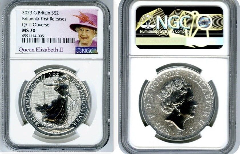 2025 GREAT BRITAIN 1OZ SILVER NGC MS70 BRITANNIA QE II OBVERSE FIRST RELEASES