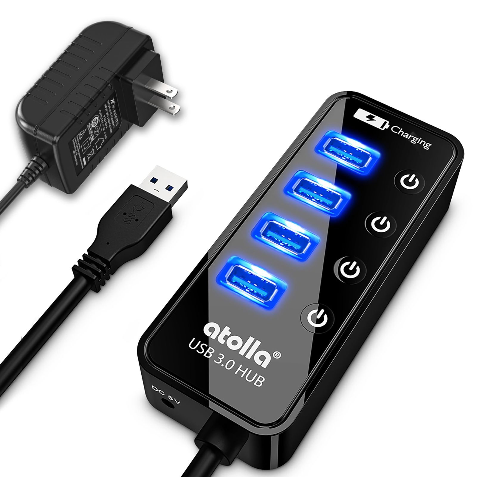 【在庫処分】電源付き atolla 4ポート高速USB3.0 の USB3.0ハブ 拡張+ 1充電ポート USB Hub 独立スイッチ付 5V/3A ACアダプタ付き