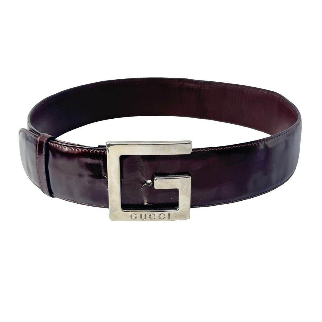 GUCCI グッチ エナメル パテントレザー Gロゴ Gバックル ボルドー  
