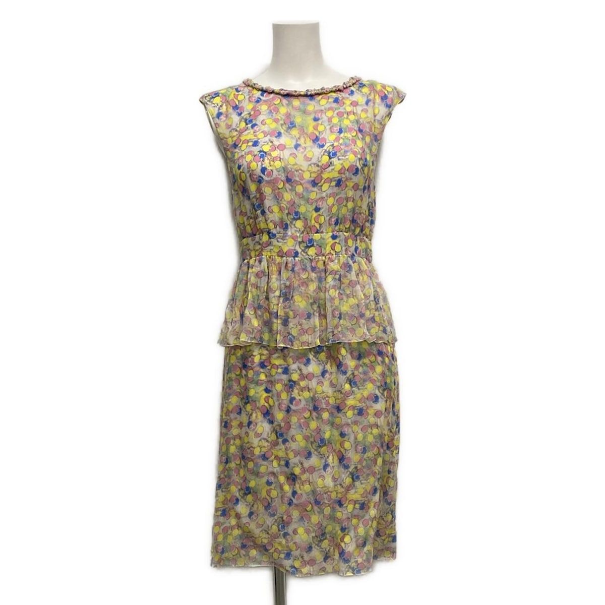 シャネル ワンピース サイズ36 S レディース - P40222 ピンク×イエロー×マルチ 半袖|ひざ丈|ドット柄|フリル|ラメ|2011年 シルク