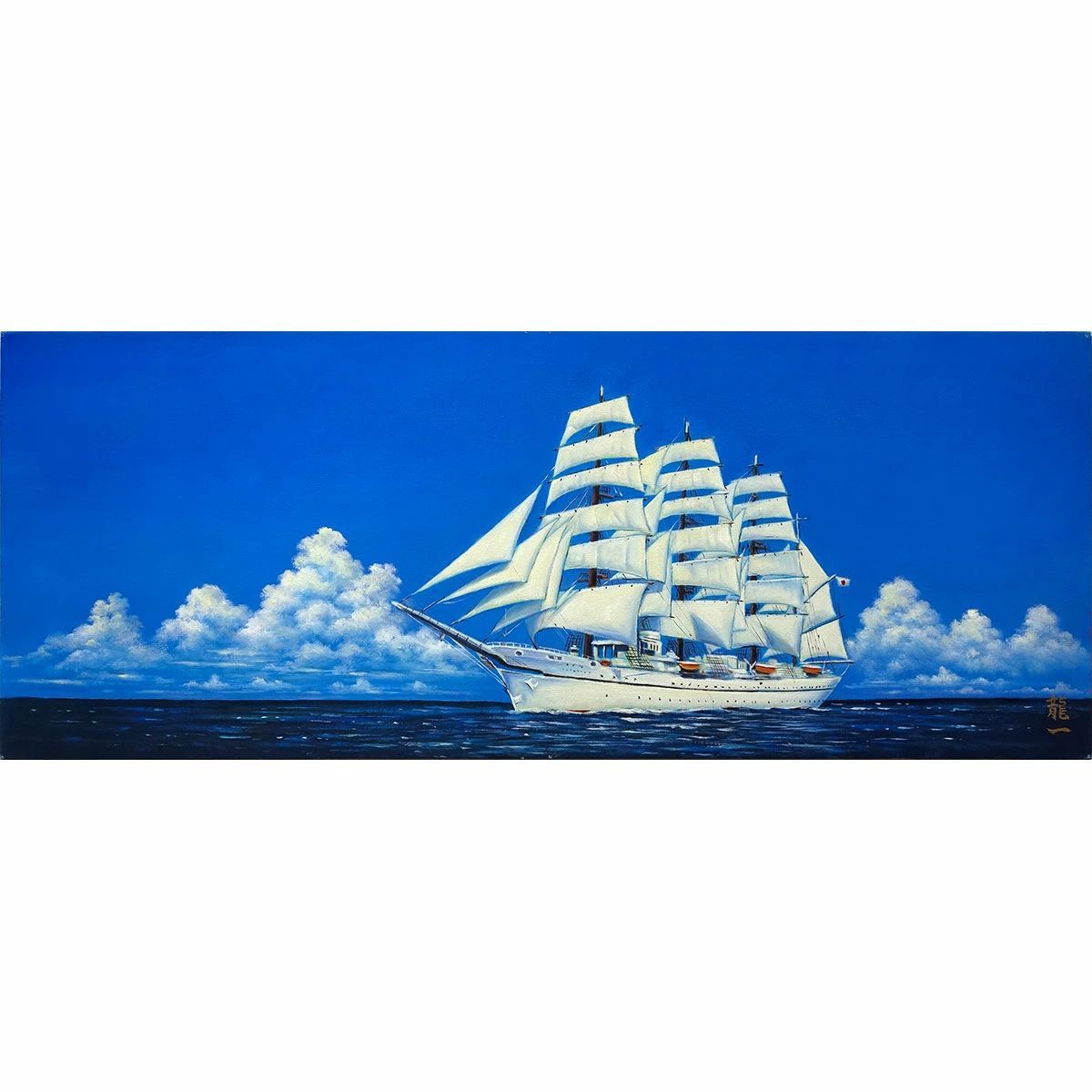 油彩画 中垣龍一 日本丸 WF6号 油絵 額入り 船の絵 帆船 海 風景画 ヨコ長の絵 大きな絵 額装絵画 開運アート 吉祥慶祝 門出 手描き 肉筆画 日の丸の旗 太平洋を進む にっぽんまる YE341-WF6